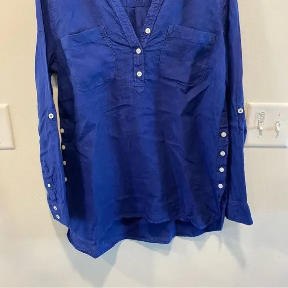 Talbots side button linen band collar popover large 100% linen tunic blouse top - Picture 4 of 14